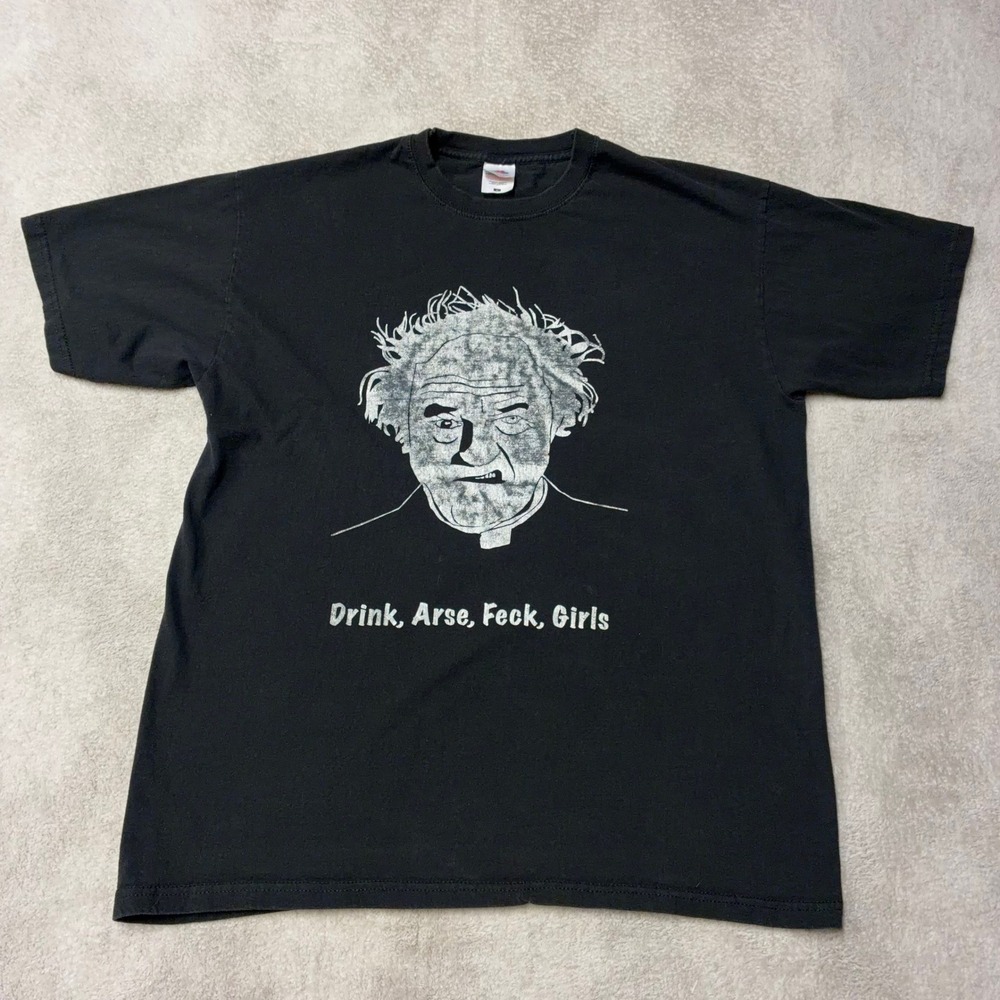 Vintage Father Jack Drink Arse Feck Girls Black Graphic Tee T-Shirt  Mens L